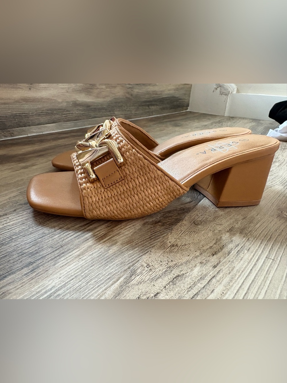 Woven Slide Sandals with Gold Buckle - Tan